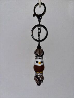 Cute American Eagle Keychain w/Brown/White/Black Camouflage & Rhinestone-Accents